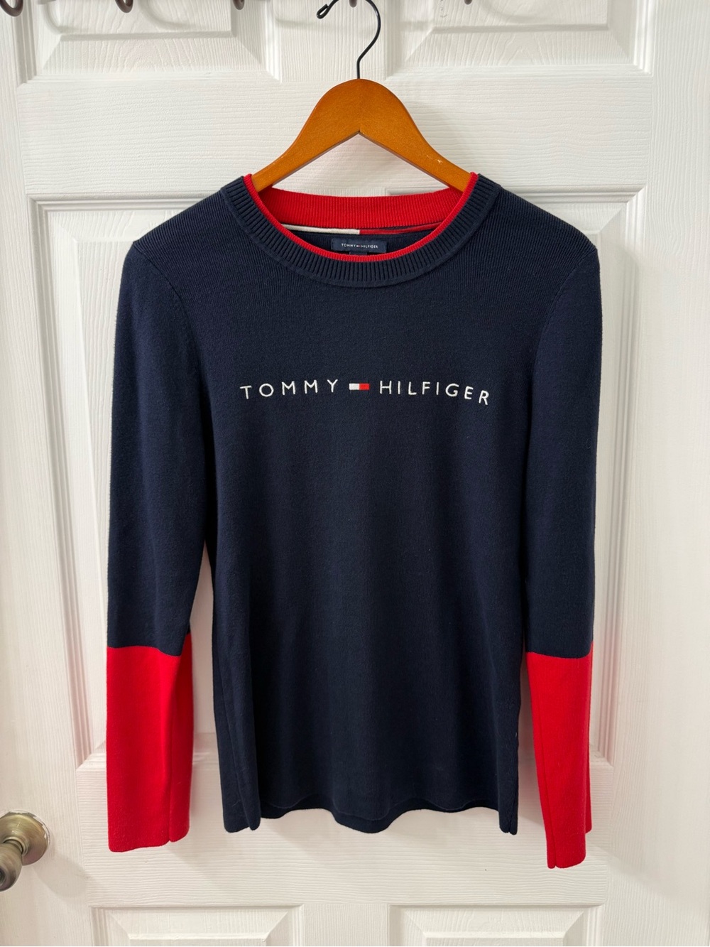 Tommy Hilfiger Navy Crewneck Sweater with Red Sleeve Panels